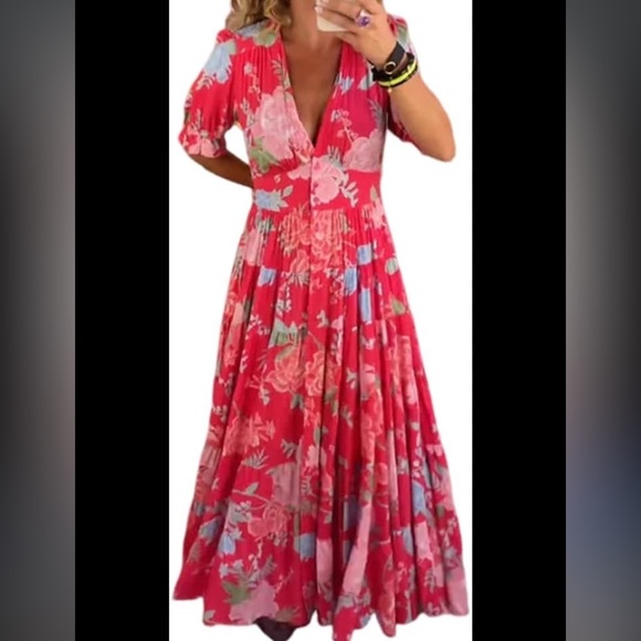 Red, colorful, floral, V-neck button, short sleeve maxi dress with waist belt - Picture 3 of 6